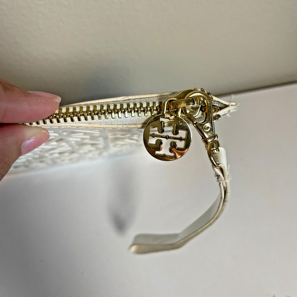 TORY BURCH Large Laser Cutout Zip Clutch Pouch White PVC Clear Lining Gold Charm - Picture 2 of 6